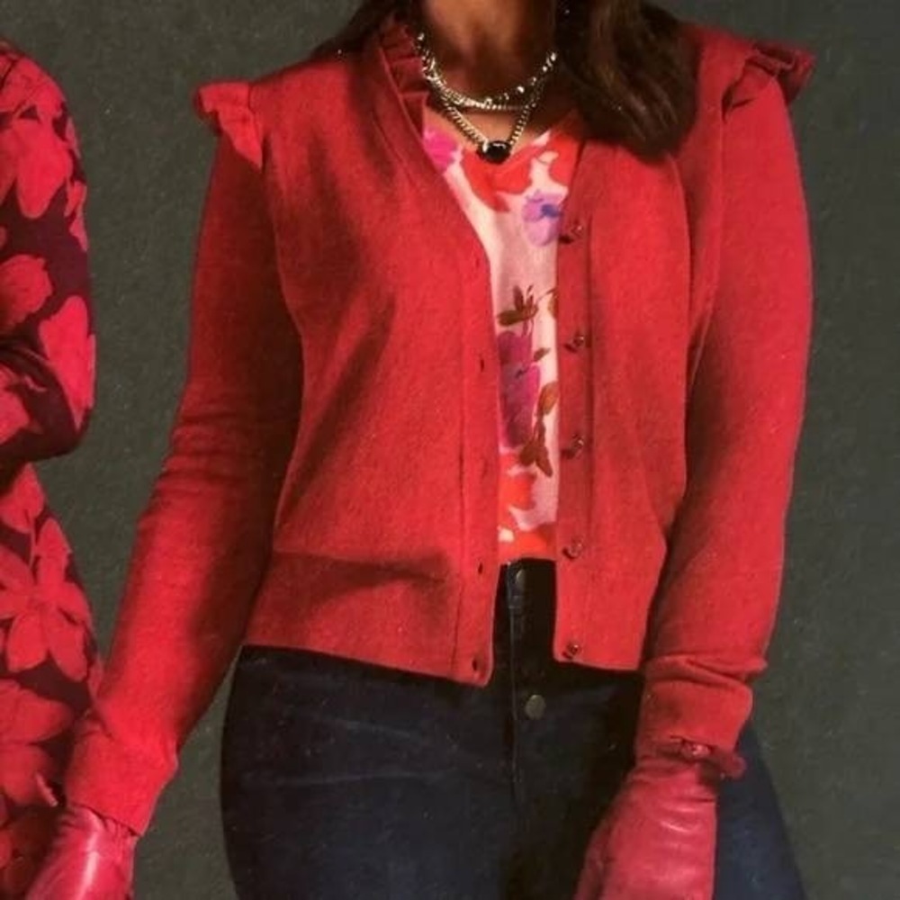 CAbi Long Sleeve V-Neck Button Front Red Ruffle Cavalier Cardigan Sweater Size S